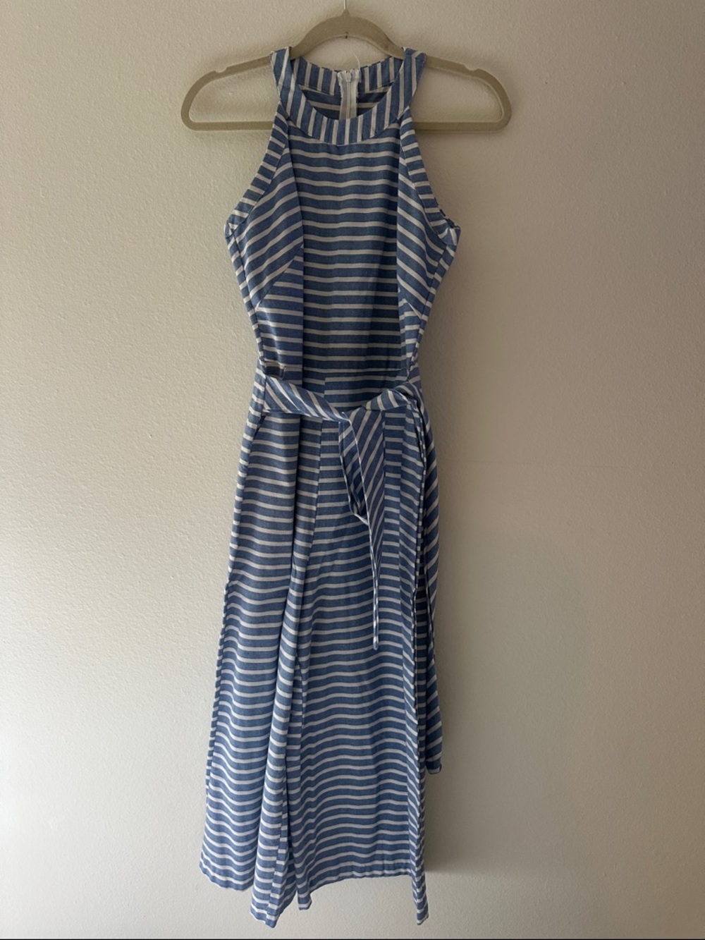 Striped Blue and White Halter Jumpsuit with Waist Tie